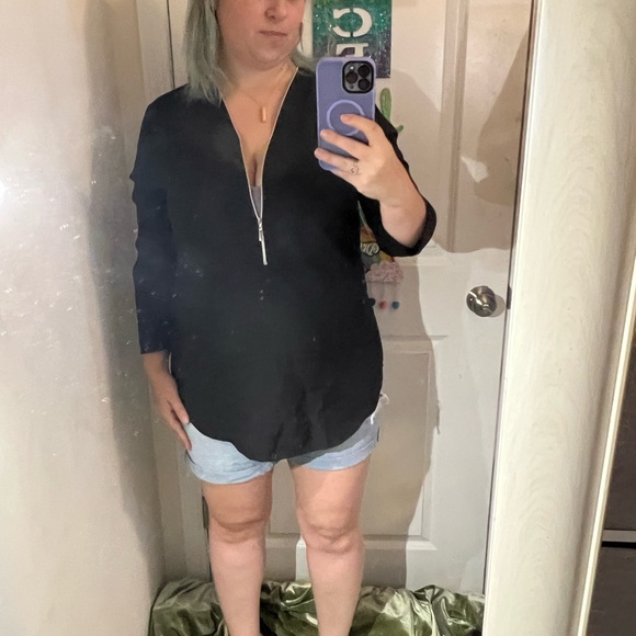 SEXY LONG SLEEVE BLACK TUNIC LIGHT ZIPPER DETAIL XL EUC TOP SHIRT - Picture 2 of 11